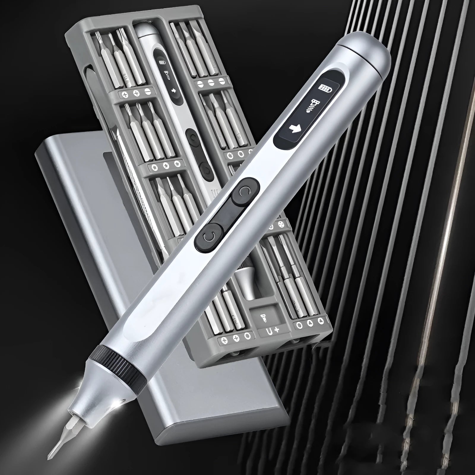Aluminium electric screwdriver showing compact 134.5mm design with torque control settings