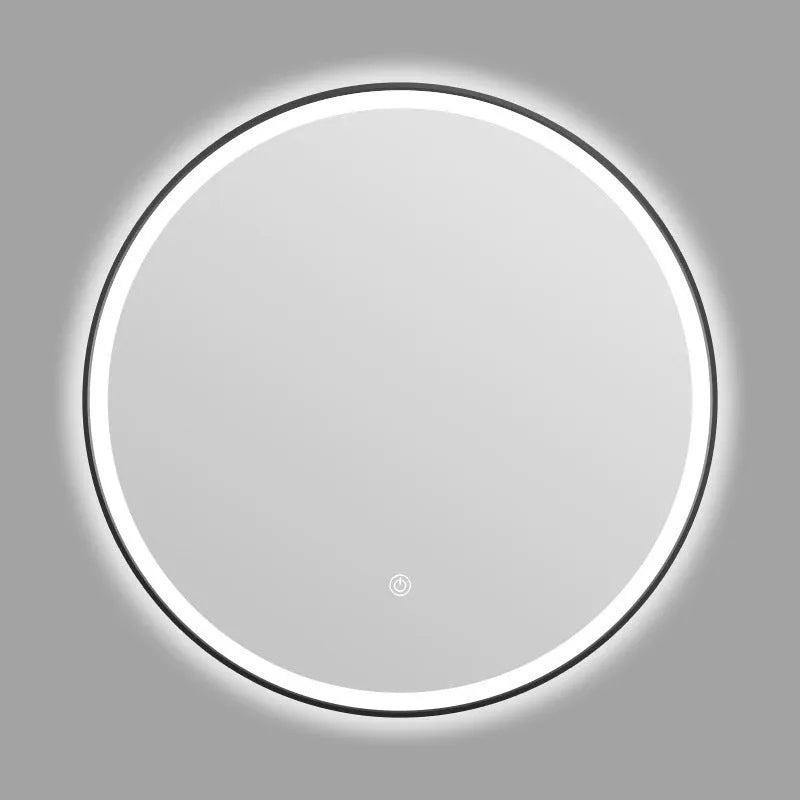Round black aluminium frame LED smart bathroom mirror on wall with touch control for light colour and dimming.