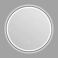 Round black aluminium frame LED smart bathroom mirror on wall with touch control for light colour and dimming.
