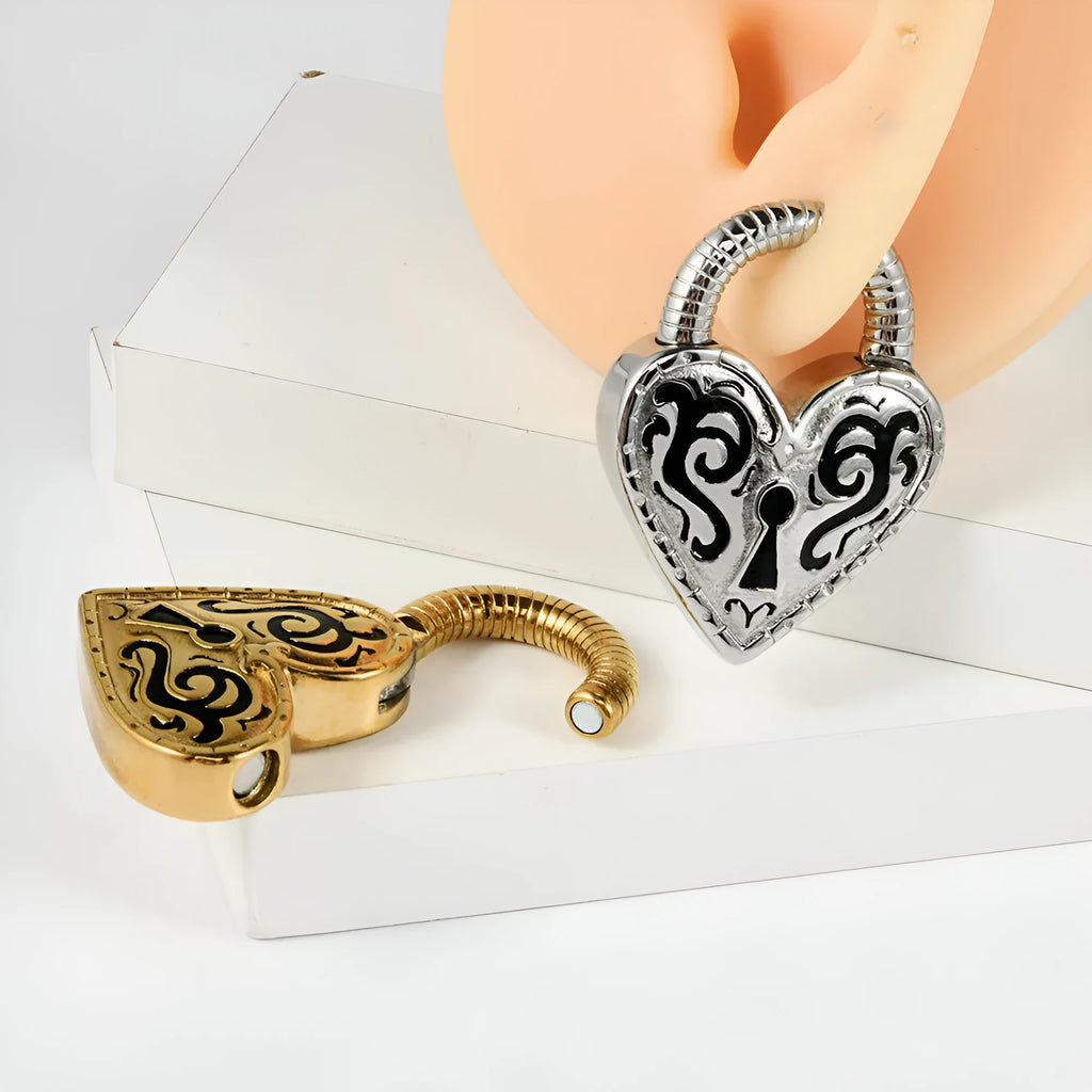 Women's heart-shaped stainless steel earrings with electroplated gold or steel colour finish