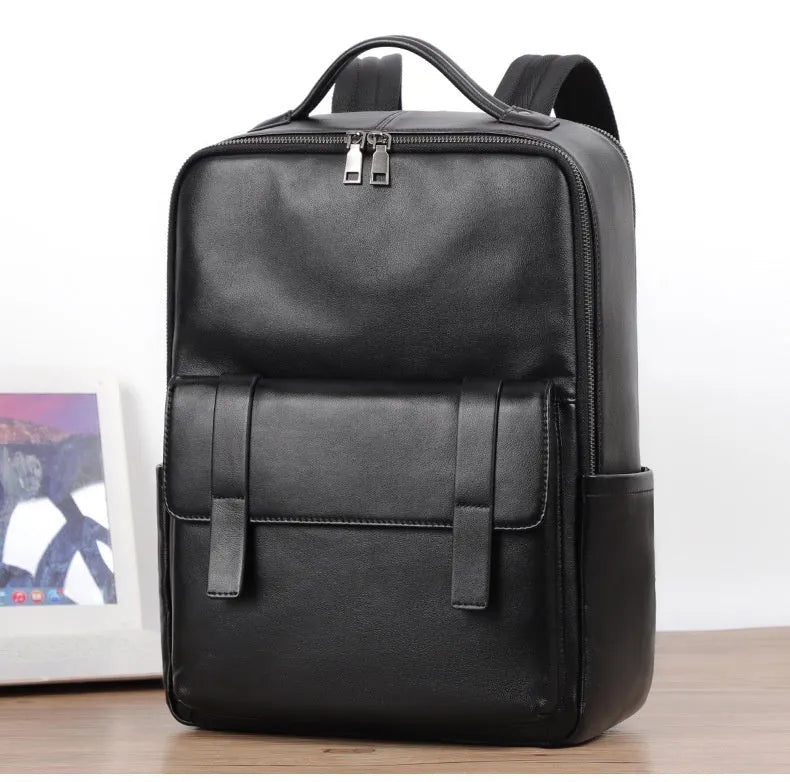 Black litchi grain men's genuine leather computer backpack with large capacity and business design