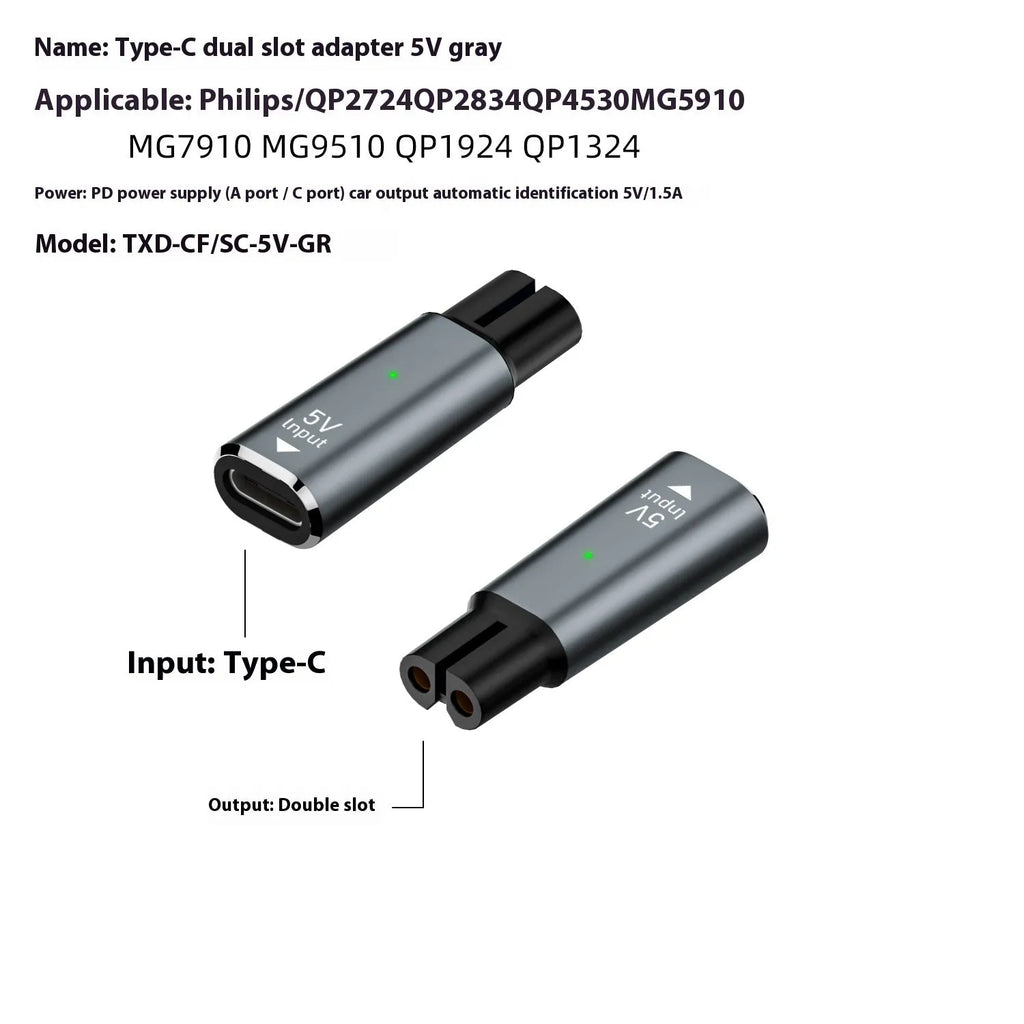 Black aluminium USB-C charging adapter for electric shavers with 8W 4.3V output.