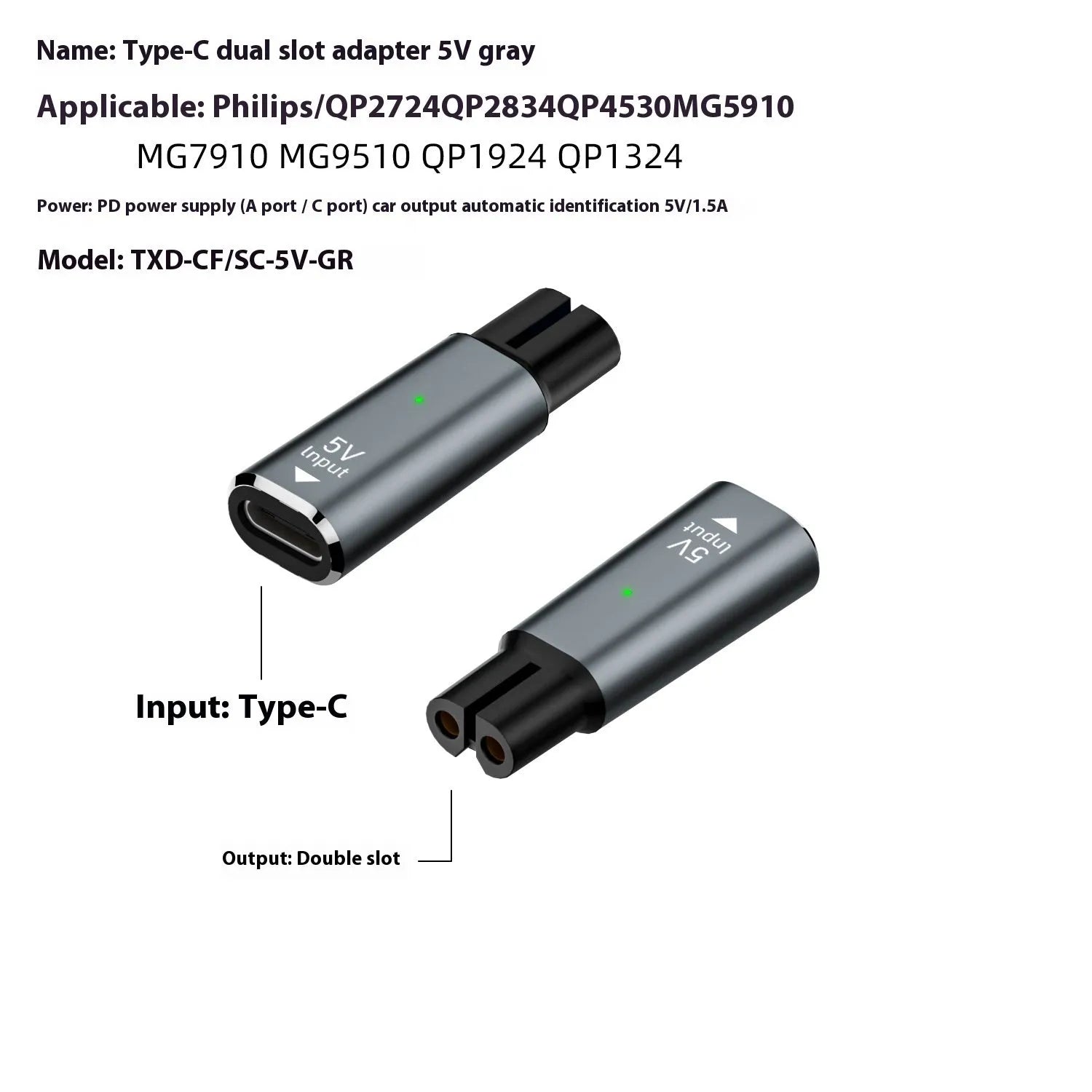 Black aluminium USB-C charging adapter for electric shavers with 8W 4.3V output.