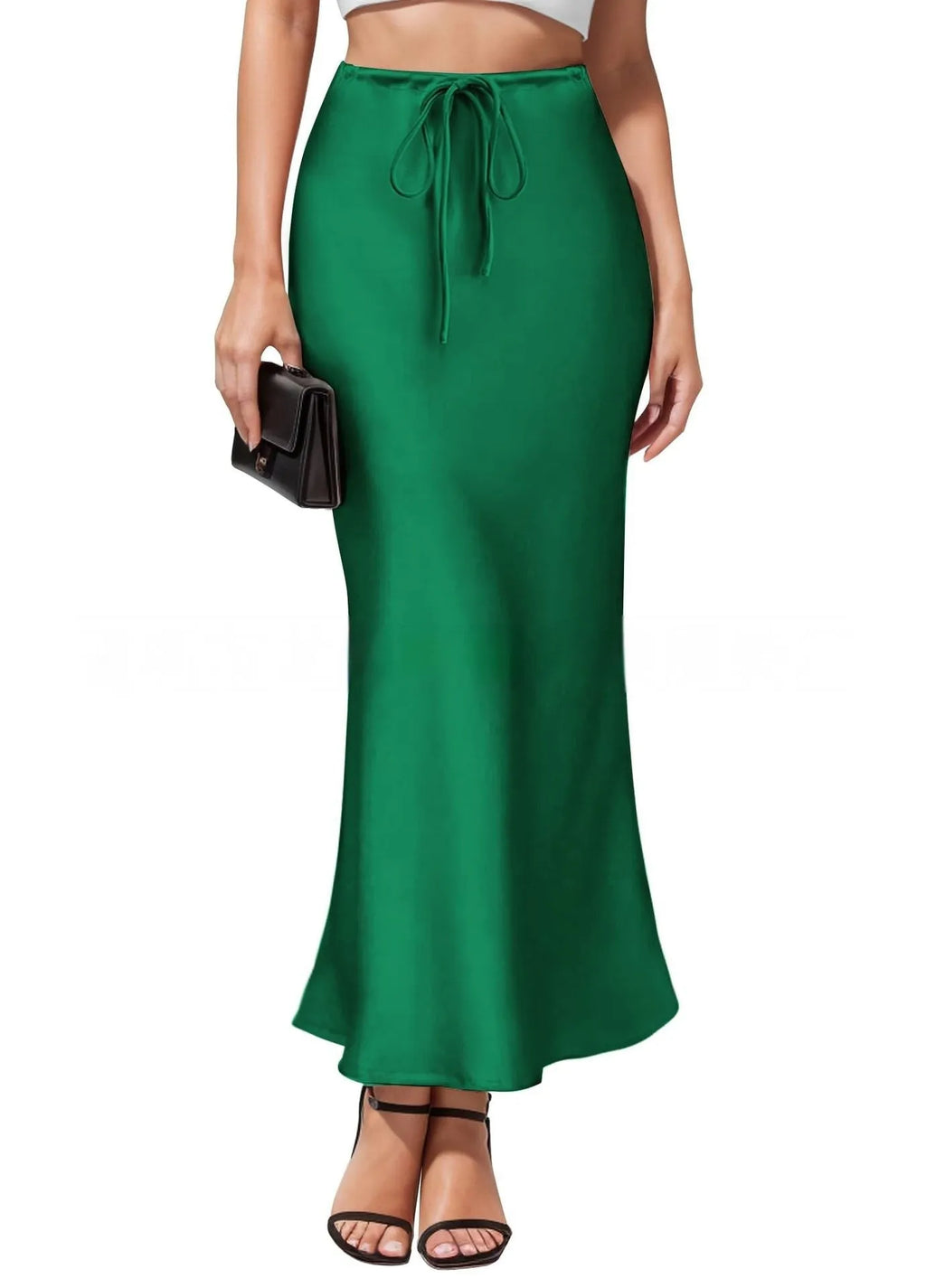 Women's high-waisted asymmetric acetate satin skirt in a solid colour with an irregular hemline.