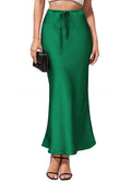 Women's high-waisted asymmetric acetate satin skirt in a solid colour with an irregular hemline.