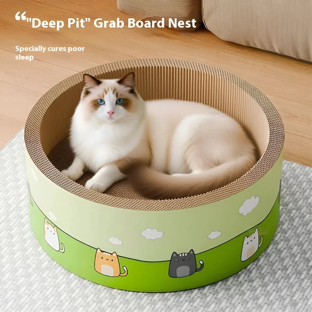 Large round corrugated paper cat scratching board with deep pits, shown in 45cm and 50cm sizes.