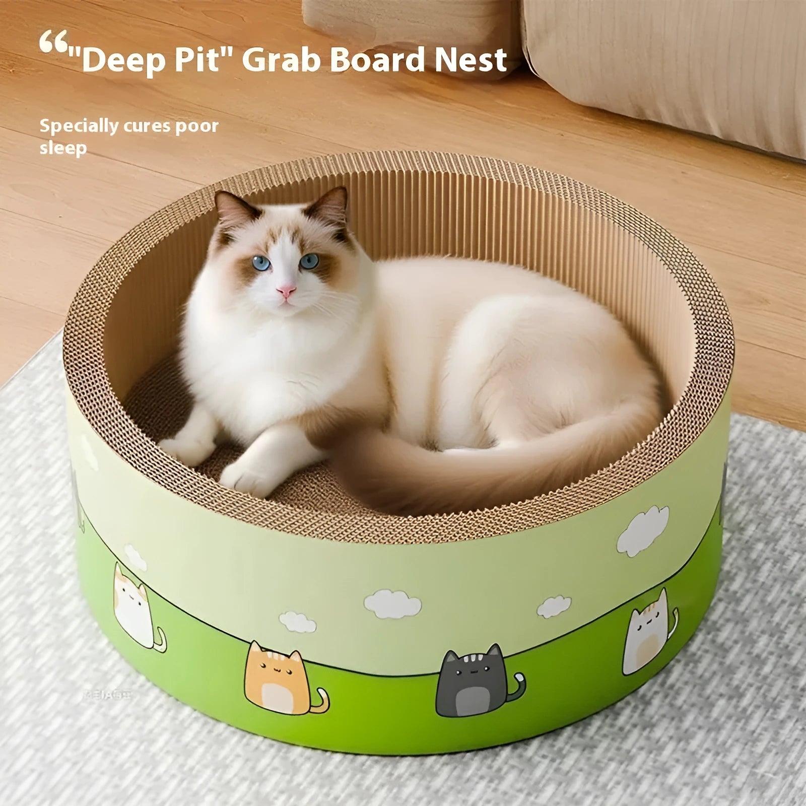 Large round corrugated paper cat scratching board with deep pits, shown in 45cm and 50cm sizes.
