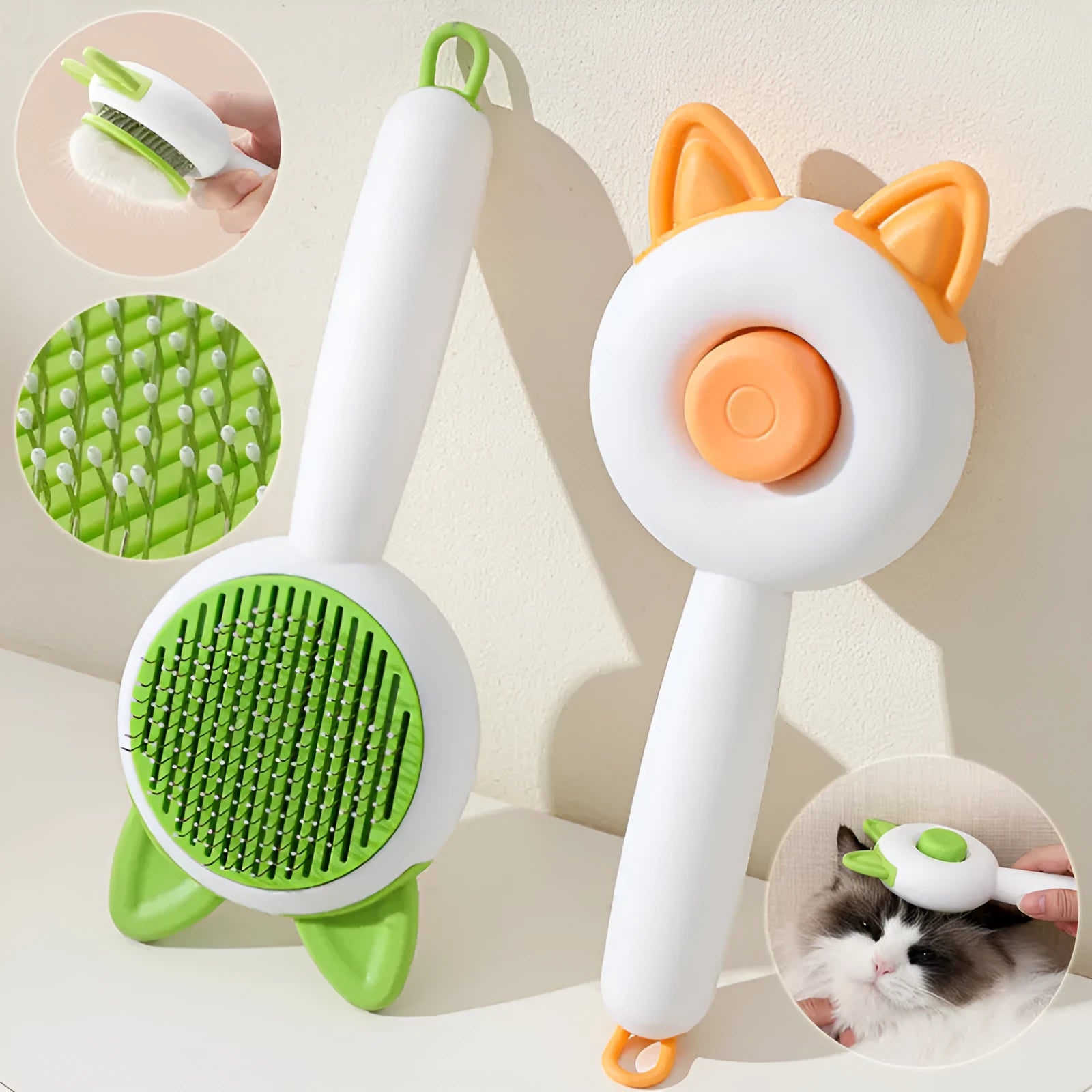 Self-cleaning cat dematting comb grooming tool in greenish white colour with stainless steel tines