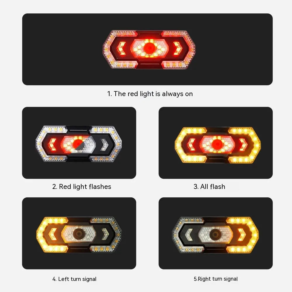 Black wireless remote control vehicle taillight with turn signal indicators and USB charging port