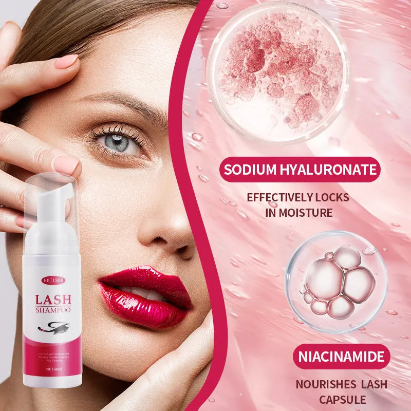 60ml bottle of lash shampoo mousse eyelash cleaning solution for removing extensions.