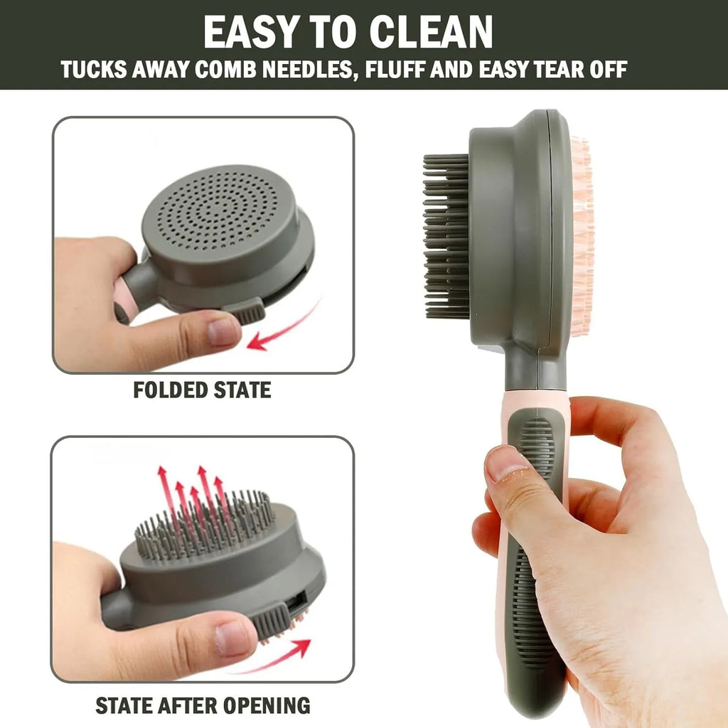Double-sided cat brush with release button and flea comb for pet grooming