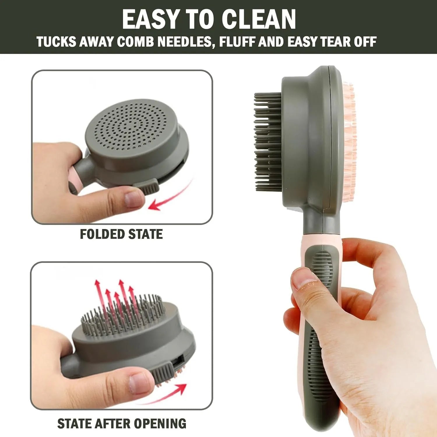 Double-sided cat brush with release button and flea comb for pet grooming