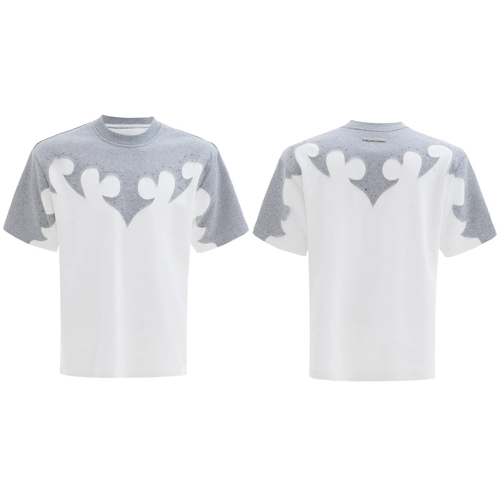 Men's red cotton shirt with burnt flower stitching pattern and rhinestone details on short sleeves