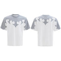 Men's red cotton shirt with burnt flower stitching pattern and rhinestone details on short sleeves