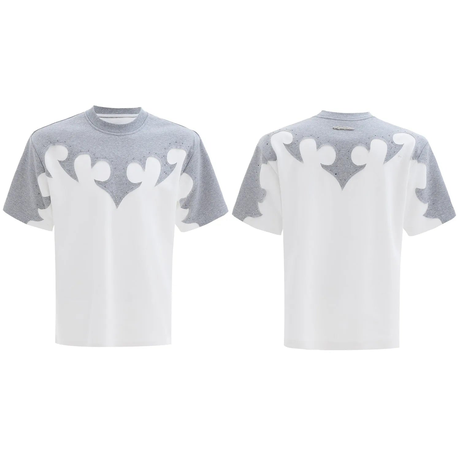 Men's red cotton shirt with burnt flower stitching pattern and rhinestone details on short sleeves