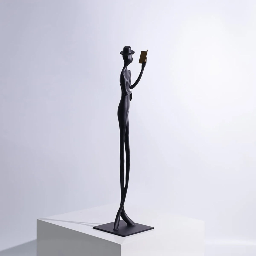 Black aluminium reading woman desktop sculpture modern decor 12x51cm