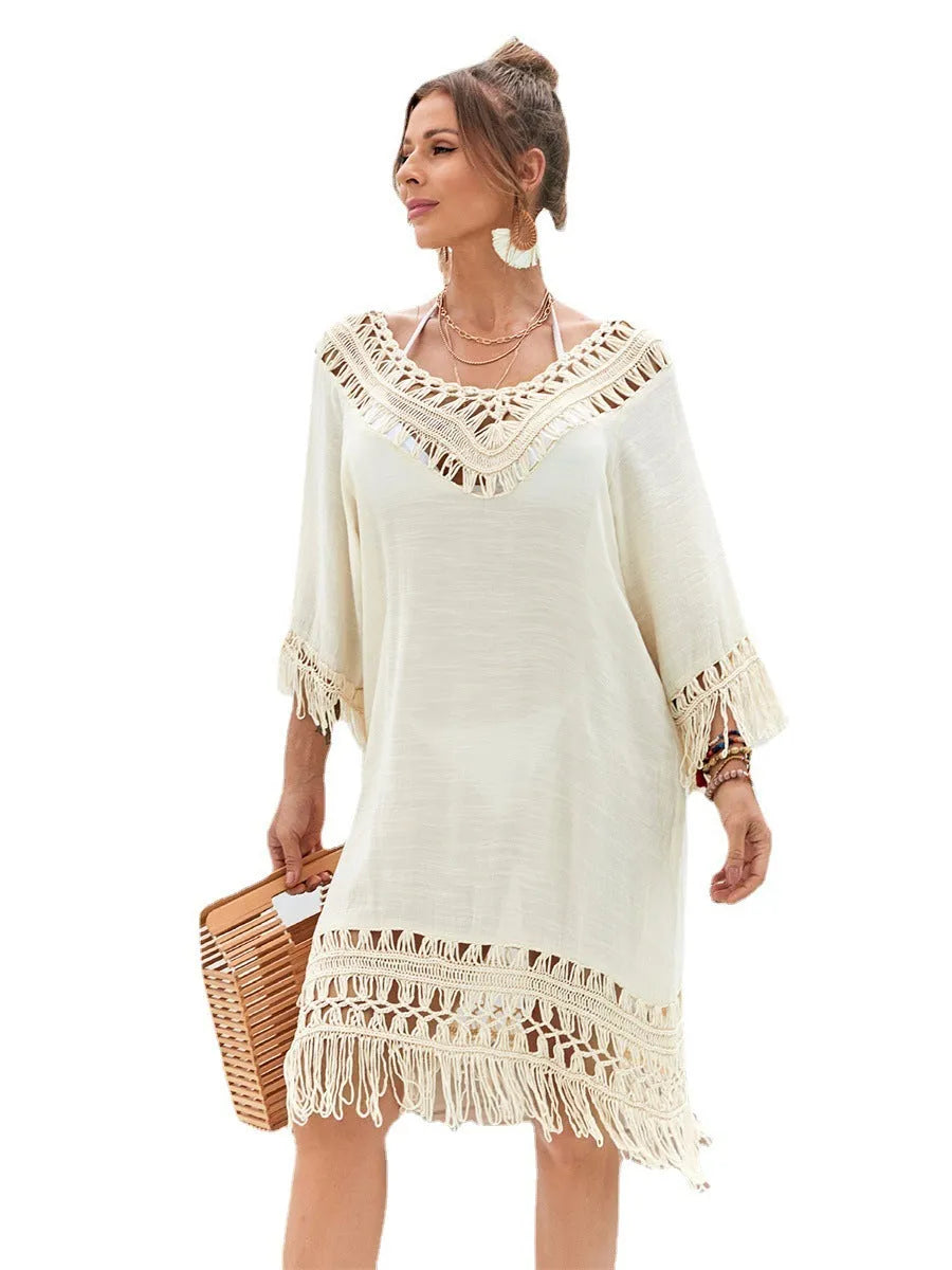 Women's apricot hand-crocheted beach dress with polyester lining for swimming cover-up