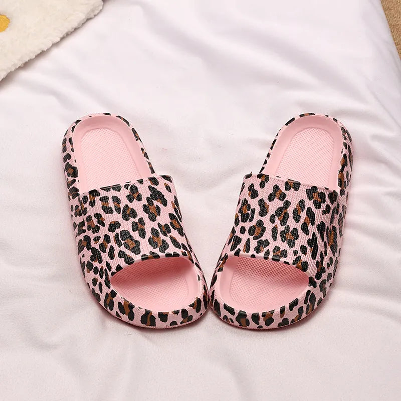 Women's leopard print EVA slippers with thick sole showing multiple colour pattern options