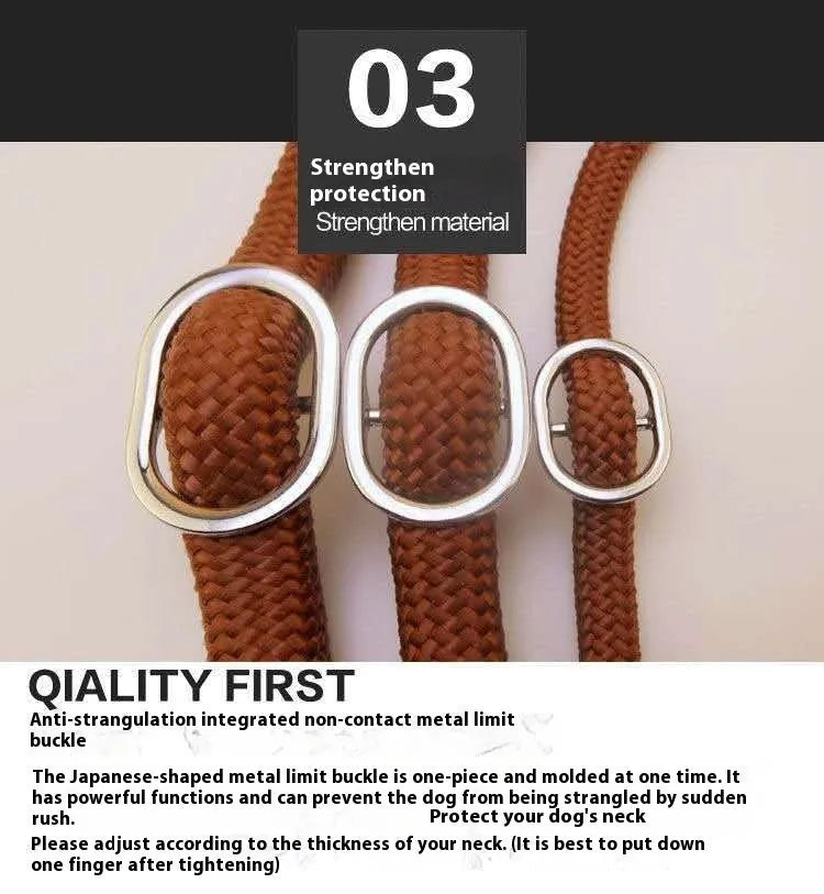 Brown nylon P-chain dog leash held in a hand, showing its full length and textured rope design.