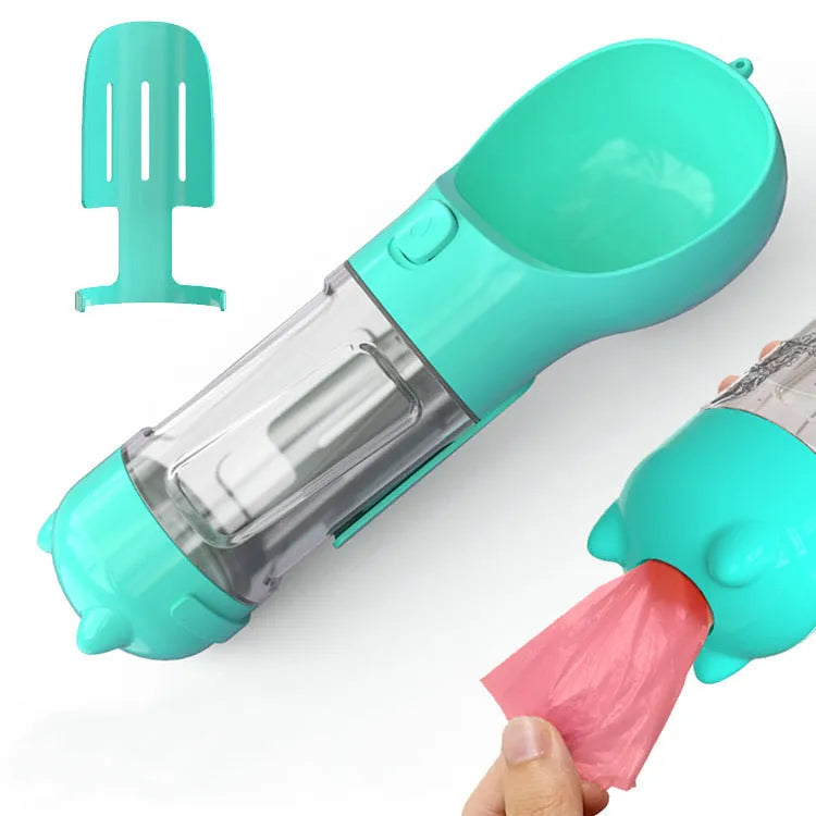 Portable 3-in-1 dog water bottle with leak-proof design, poop bag dispenser, and treat holder in aquamarine colour