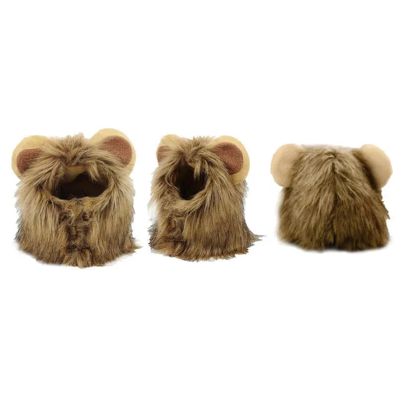 Grey lion mane wig with plush ears on a cat, showing adjustable elastic band.