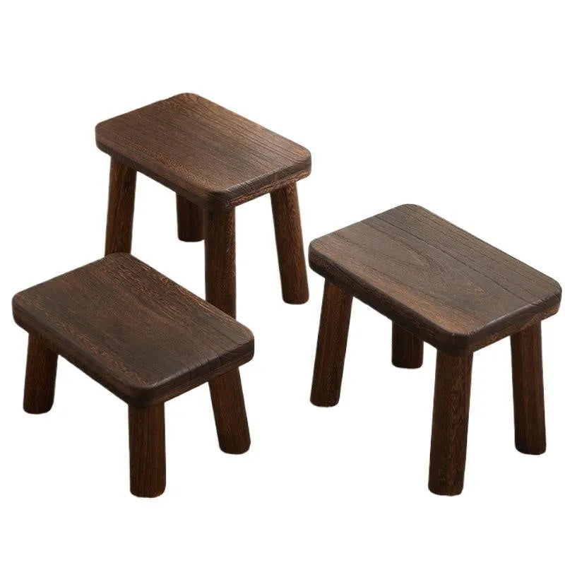 Wooden shoe changing stool with distressed finish and bracket leg structure