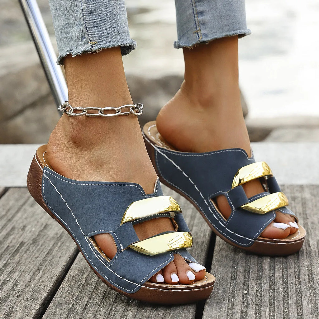 Women's Roman style platform flip-flops in solid colours: white, black, khaki, and sea blue.