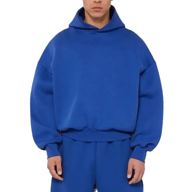 Men's grey fleece-lined cotton hoodie with wool lining and pullover design