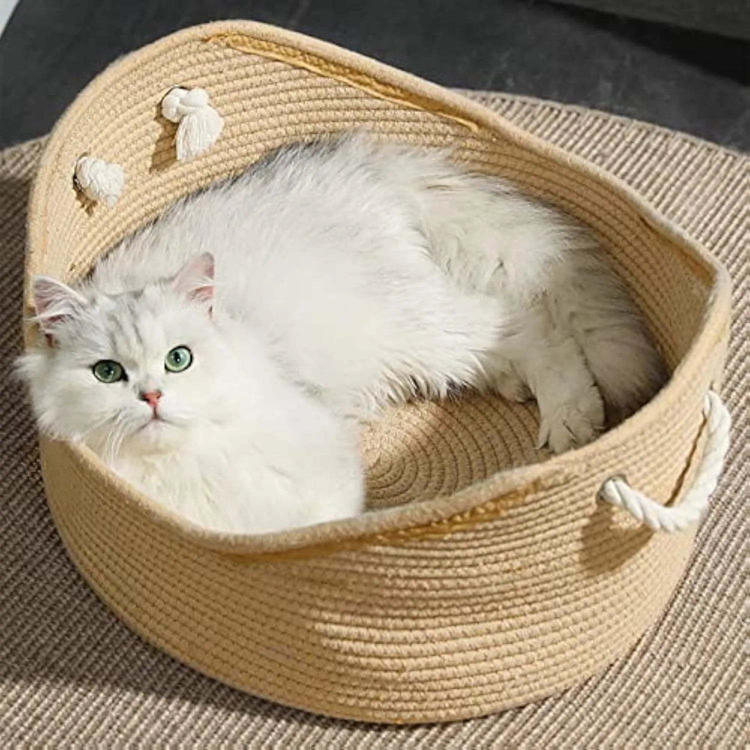 Wicker-style corrugated paper cat bed basket with integrated scratching surface