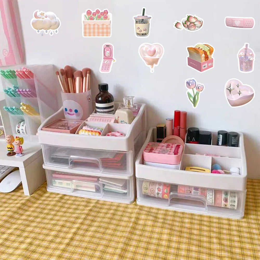 Pack of pink girl heart shaped 3D decorative stickers in a cute style on a light background.