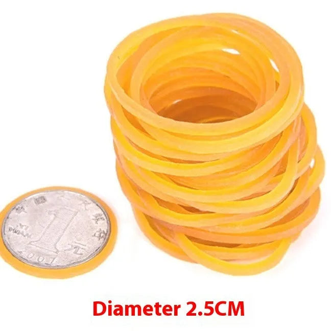 500g bulk pack of assorted bright yellow rubber bands in multiple sizes on a white background.