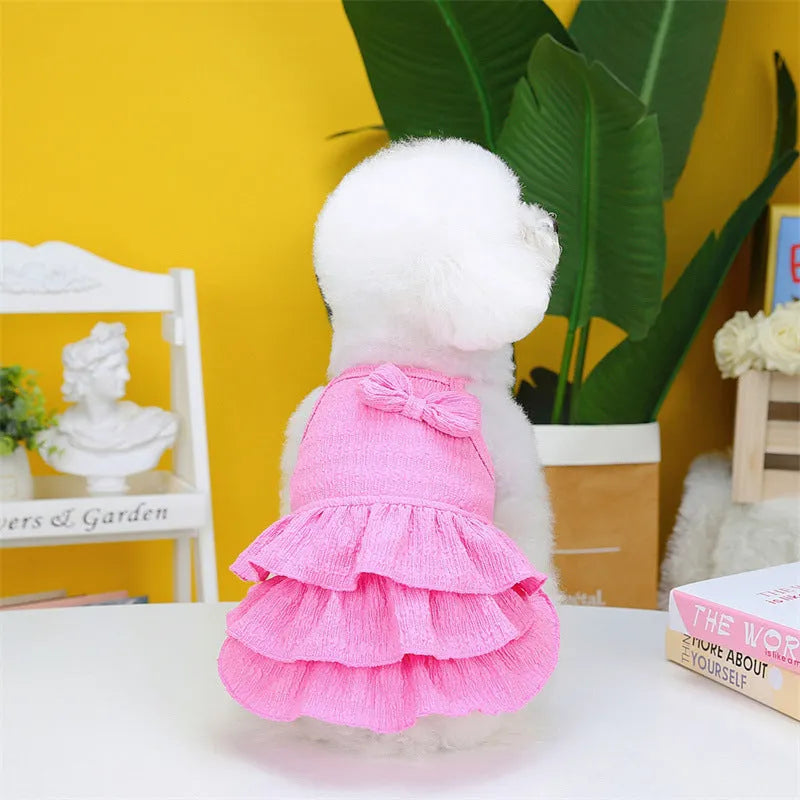 Small dog wearing princess dress with candy layered skirt in rose red, yellow, or water green