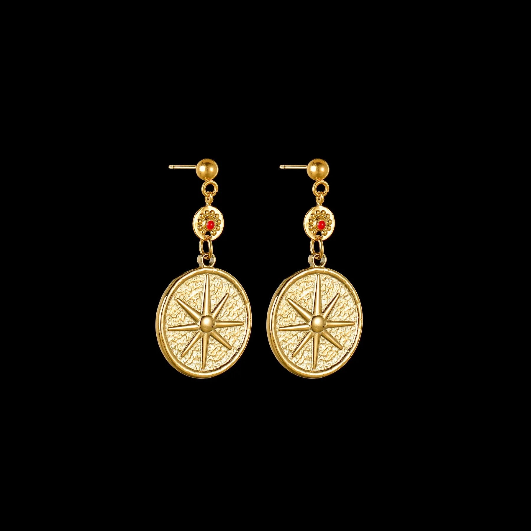 Stainless steel geometric drop earrings showing Eight Awn Star, Eye, and Shell Sun design options.
