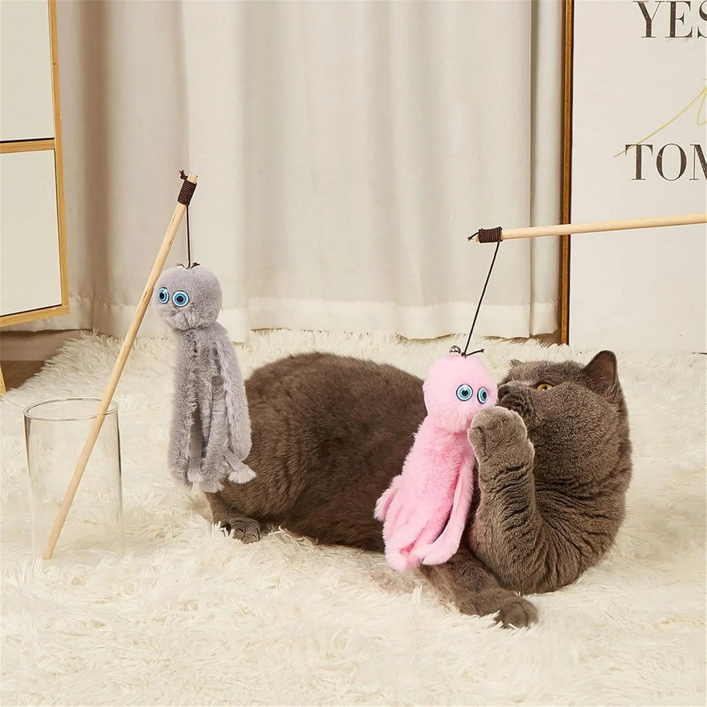 Colourful octopus cat toy with long stick for indoor feline entertainment