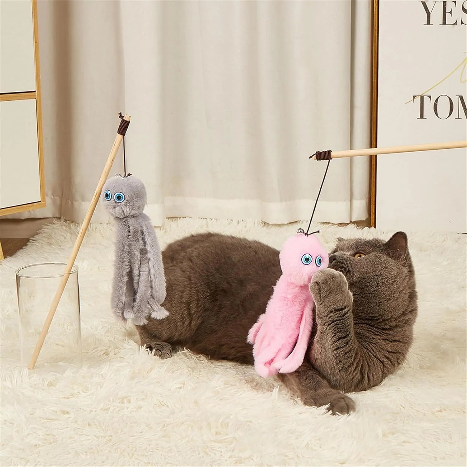 Colourful octopus cat toy with long stick for indoor feline entertainment
