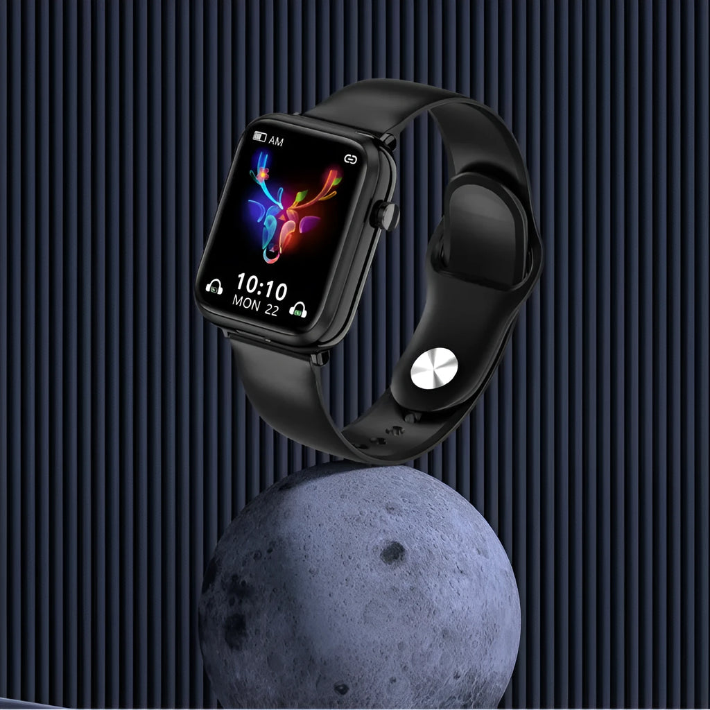 Black all-touch smart Bluetooth headset watch with 1.69-inch display and separate earbuds.