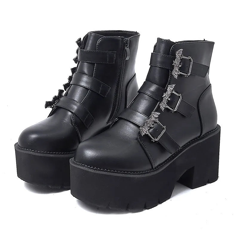 Black ladies punk gothic ankle boots with bat buckle decoration and chunky platform heel