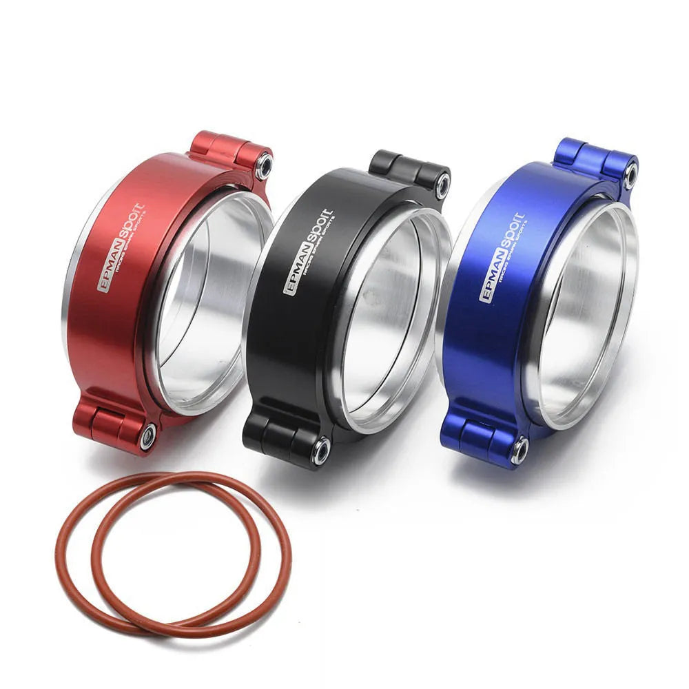 Aluminium fixed movement exhaust clamp for car turbine downspouts in black, blue, or red.