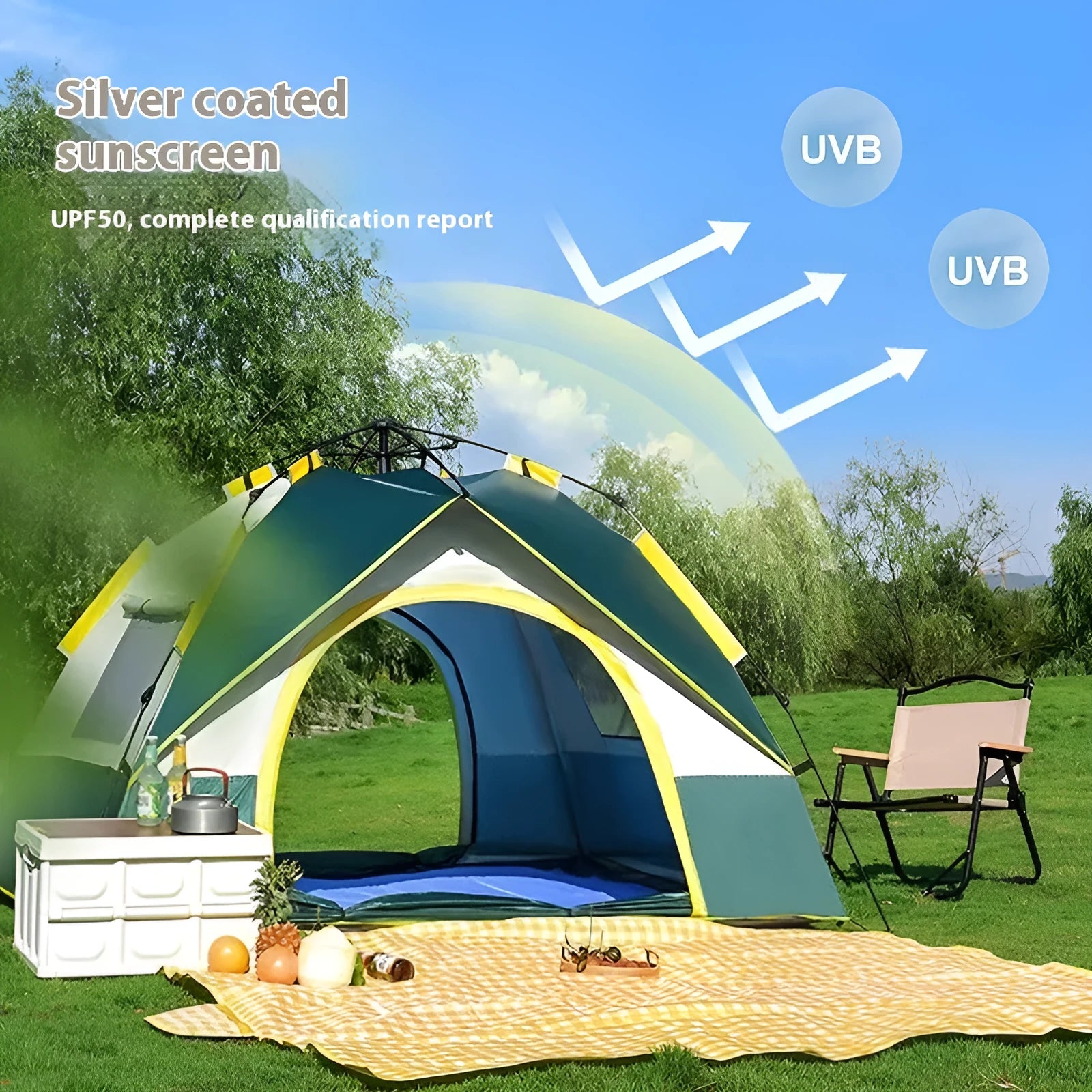 Dark green automatic pop-up camping tent for 3-4 people with quick-open design