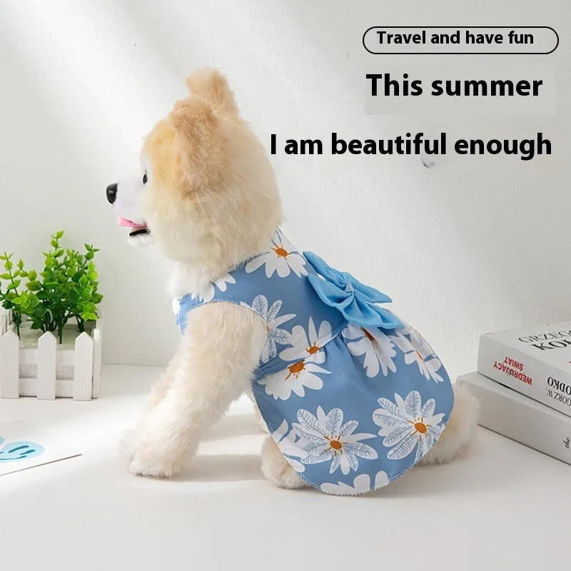 Ultra-thin floral butterfly knot princess dress for a dog or cat, with a decorative bow, on a white background.