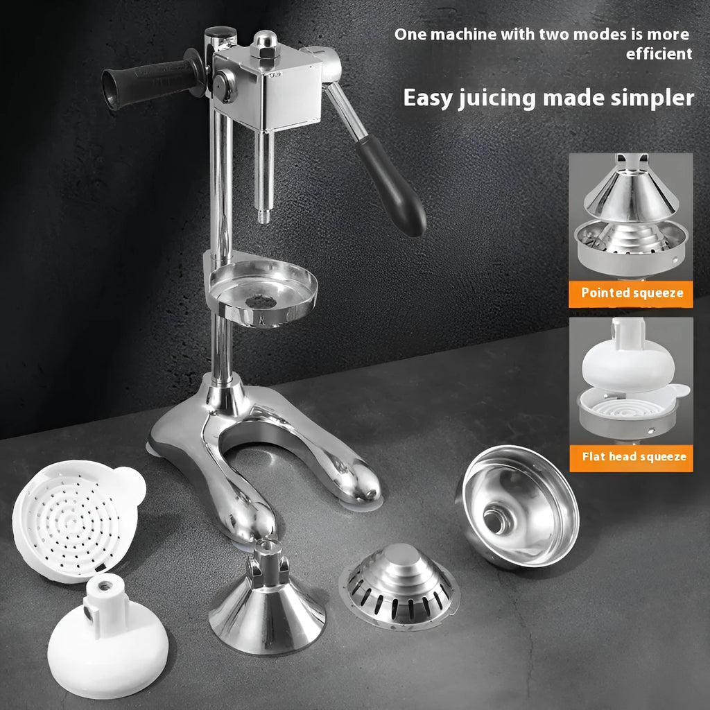 Vertical stainless steel manual citrus juicer on a kitchen countertop.