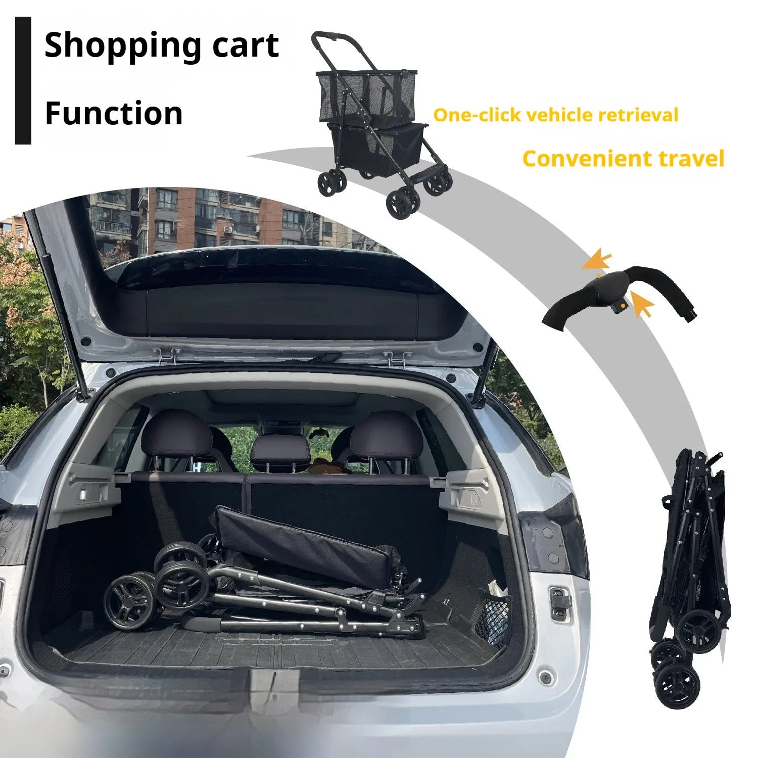 Black foldable shopping cart with carbon steel frame and 20kg capacity for outdoor and household use