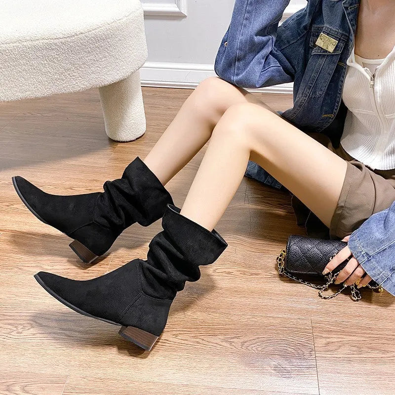 Women's pointed toe retro suede boots with thick heel below the knee in black