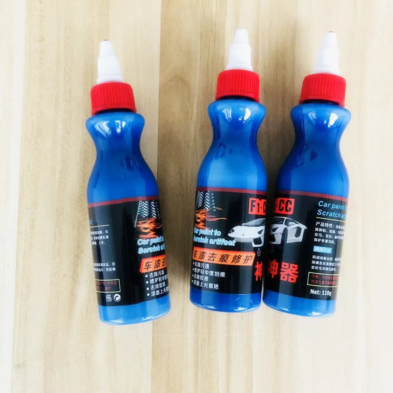 Small blue car wiping tool and 60ml bottle of blue scratch repair agent for vehicles.