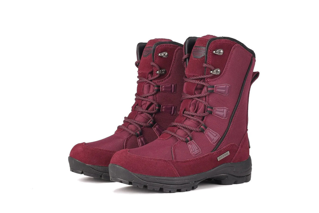 Women's mid-calf thermal snow boot in black with a round toe, genuine leather upper, and rubber sole.