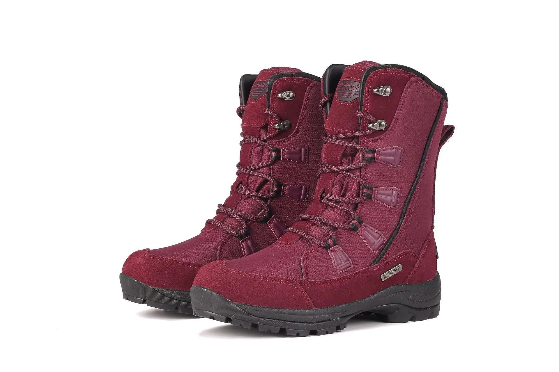 Women's mid-calf thermal snow boot in black with a round toe, genuine leather upper, and rubber sole.