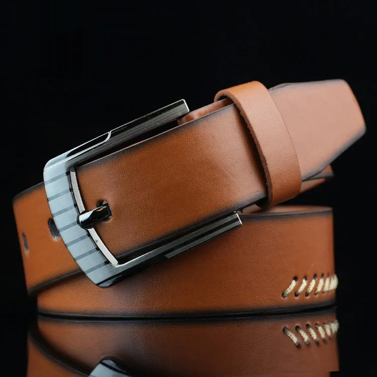 Men's imitation leather belt with pin buckle in black, brown or white colours showing retro pattern detailing