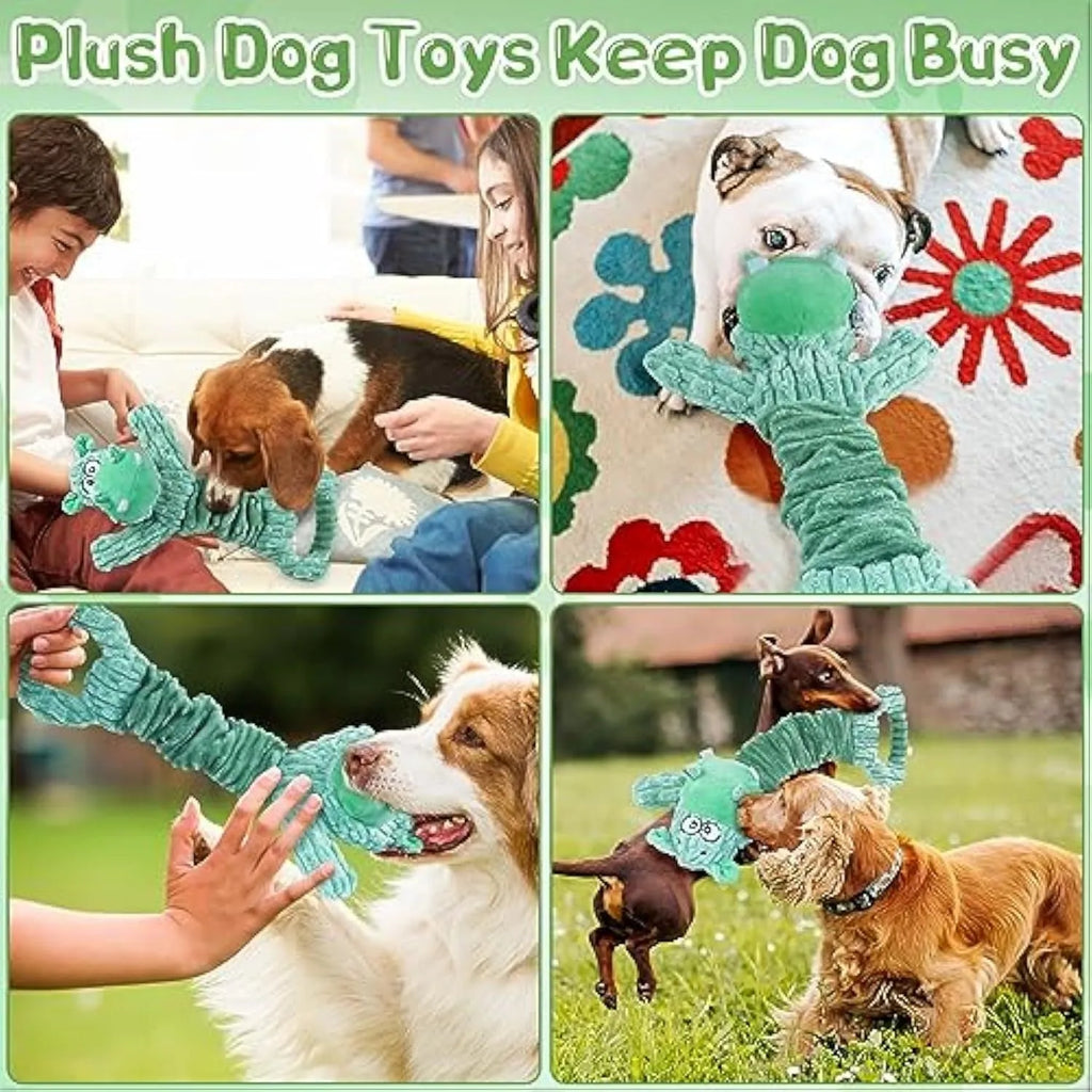 Large squeaky plush dog toy with a handle, showing hippo and monkey design options.