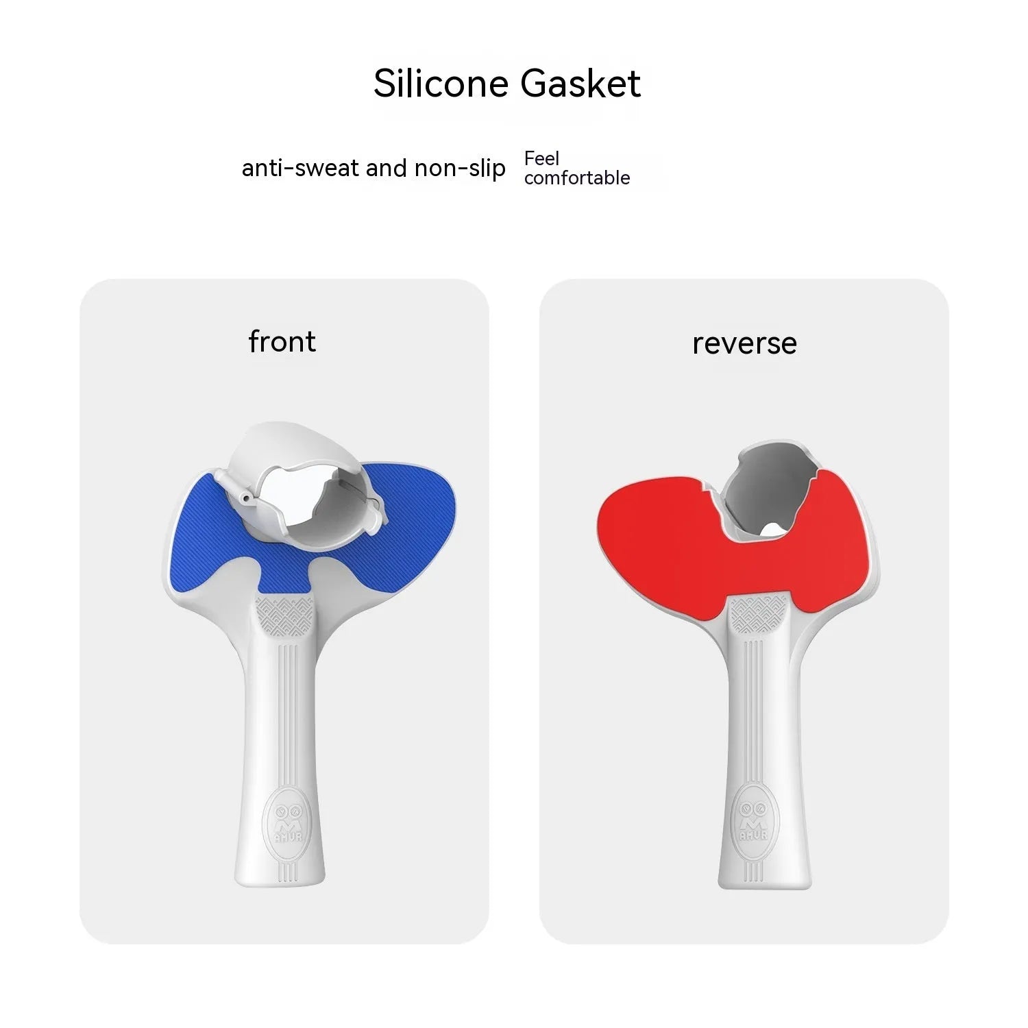 Red and blue silicone hand grip accessory for Pico 4 VR controller on a grey background.