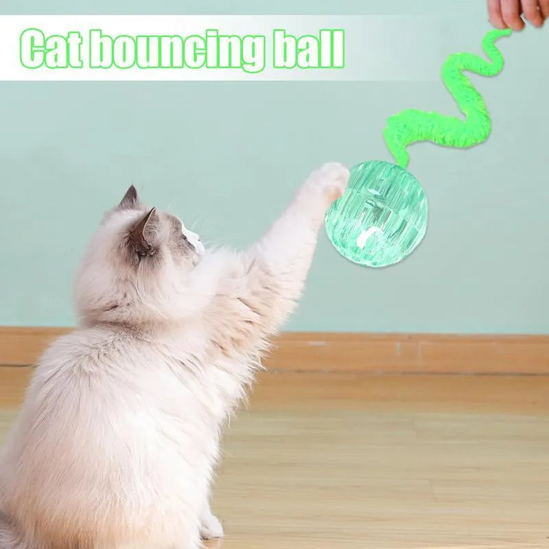 Interactive cat ball toy with flexible plush tail attached to bouncy TPR ball